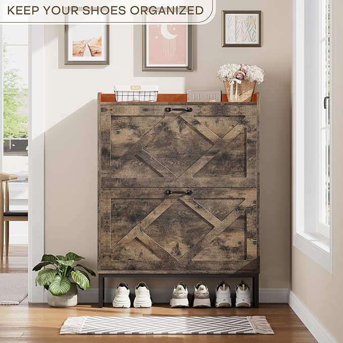 Nicetree Shoe Cabinet with 2 Flip Drawers, Freestanding Shoe Storage Cabinet with Metal Legs, Farmhouse Shoe Organizer for Entryway, Foyer, Hallway