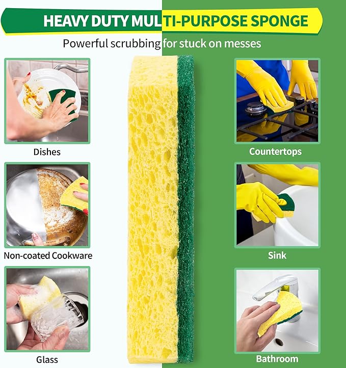 HOMERHYME Heavy Duty Scrub Sponge 24 Pack, Eco Cellulose Kitchen Dish Sponge Multipurpose Ergonomic for Washing Dishes, Uncoated Cookware & Household Cleaning.