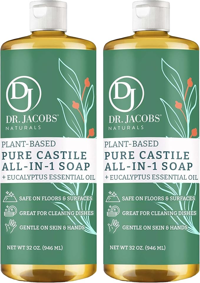 Dr. Jacobs Naturals Eucalyptus Castile All-in-One Cleaner and Soap - Plant-Based Formula for House Cleaning Floors and Appliances - Gentle on Skin and the Planet - 32 oz, 2 Pack