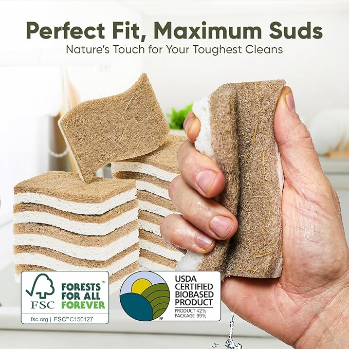 Plant-Based Kitchen Sponges (24 Pack) | USDA Biobased Certified | FSC & PETA Approved | Natural Cellulose & Coconut Scrubber Sponge | S-Shaped Design | Eco-Friendly, Non-Scratch, Non-Toxic & Vegan