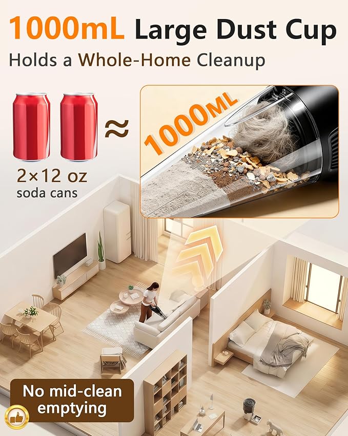 PowerSpeed CleanView Portable Handheld Vacuum - 16000Pa Strong Suction Powerful with 1000mL Dust Cup and LED Light - Cordless Vacuum Cleaner for Home Daily Quick Clean - for Dust/Pet Hair/Floor Debris