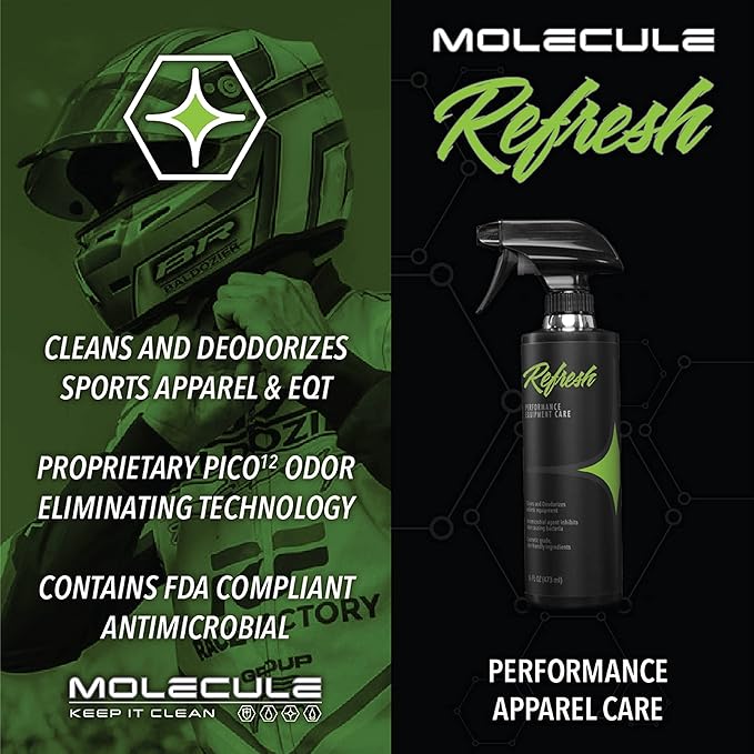 Molecule Refresh Spray | Performance Apparel Care | Cleans and Deodorizes Racing Suites & Technical Fabrics | Signature Fresh Scent | 16 Ounces
