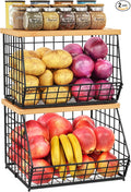 2 Set Stackable Wire Basket with Wooden Tops & Pad for kitchen organizers and storage, XXL Kitchen Counter Organizer for Fruit, Vegetable, Bread, Potato and Onion Storage Bin