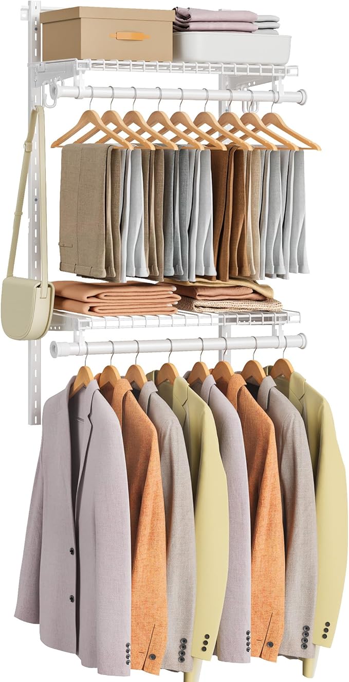 SONGMICS HOME Closet System, Closet Insert Organizer, 2 ft, Adjustable Metal Shelving Unit with 2 Hanging Rods, 2 Shelves, and Hooks, for Pantry Mudroom Garage Basement, Cloud White URGR030W01