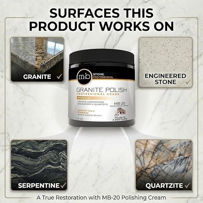 MB-20 Granite Polishing Kit Professional Grade Stone Restoration Bundle Includes 8.5oz Polishing Cream, 2x Hogs Hair Pads, Backing Plate with Drill Adapter & 2x Microfiber Towels