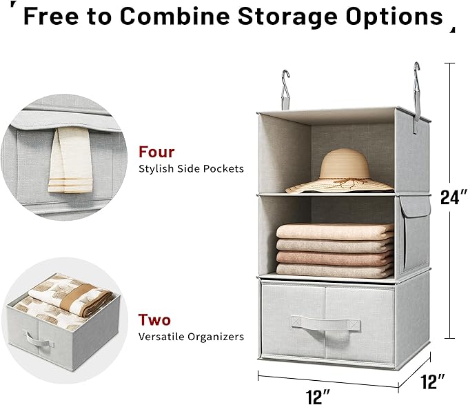 Vailando 3-Shelf Hanging Closet Organizer, Set of 2 Hanging Shelves with 2 Drawers for Wardrobe, Nursery, Baby Clothes Storage and Organization, Silver Gray