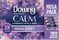 Downy Calm Mega Dryer Sheets, Large Fabric Softener Sheets for Laundry , Static Guard & Softness Boost, Laundry Dryer and Fabric Sheets, 180 Count