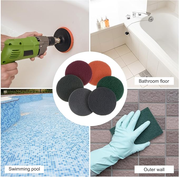 HARFINGTON 15pcs Drill Power Brush 5 inch Tile Scrubber Scouring Pads 180-240 Grit for Bathroom Kitchen Household Cleaning