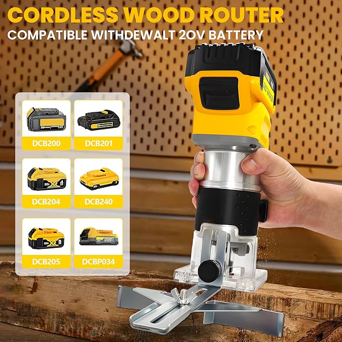 Cordless Wood Router Trimmer for Dewalt 20V Battery, 6 Speeds Wood Trimmer Set, 800W 30000 RPM Brushless Motor Hand Palm Router with 15pcs 1/4"Shank Router Bits for Woodworking,Slotting(NO Battery)