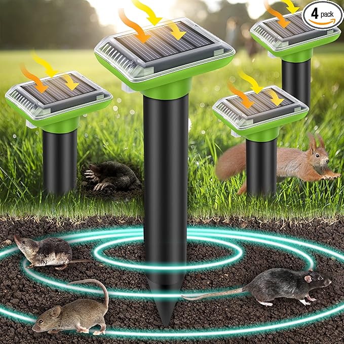 Solar Mole Repellent, Ultrasonic Gopher Repeller Outdoor, Solar Powered Waterproof Snake Repellent Deterrent Gopher Vole Snake Pest and Other Animals from Lawn Garden Yard Home(Green, 4 Packs)