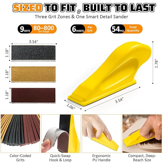 54PCS Premium Micro Sander, Detail & Mini Sander Block – Precision Small Hand Sanding Tool, 80–800 Grit Sandpaper Kit, 3-in-1 Set for Wood, Crafts, Furniture, Tight Spaces & DIY Projects