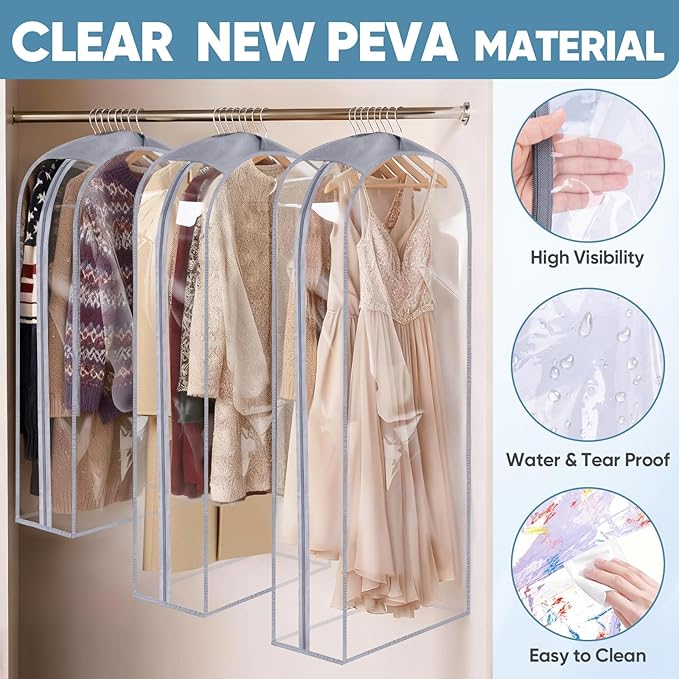 BALEINE 60'' Clear Garment Bags, 10.5'' Wide PEVA Suit Bag for Closet Clothes Dresses Suit Coats Storage (Clear, 3PK)