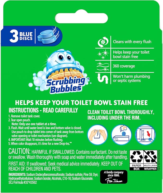 Scrubbing Bubbles Continuous Clean Toilet Drop-Ins, Automatic Blue Toilet Bowl Cleaner, Septic-Safe Tank Tablets Remove Hard Water Minerals & Limescale, Stain & Smell Protection, 3 Count (Pack of 1)