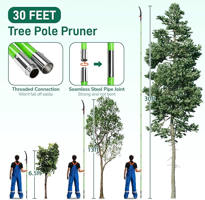 Outvita Manual Pole Saw, 30 Feet Extendable Tree Pruner with Knives and Storage Pocket, Sharp Steel Blade and Scissors High Branches Trimming for Pruning Palms and Shrubs(Green)