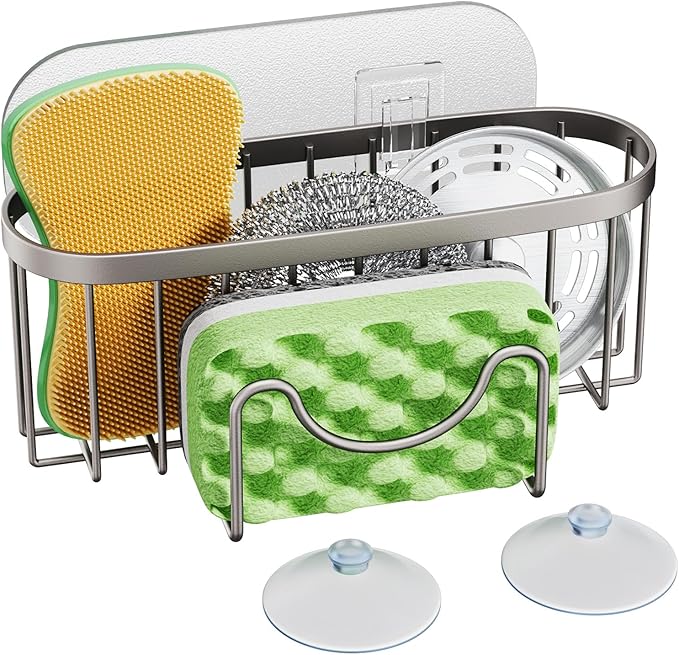 HapiRm Kitchen Sponge Holder for Sink - 2 Installation Methods Kitchen Sink Caddy Organizer with Unique M-Shaped, Rustproof Stainless Steel Sponge Caddy - Brushed Nickel (Large)