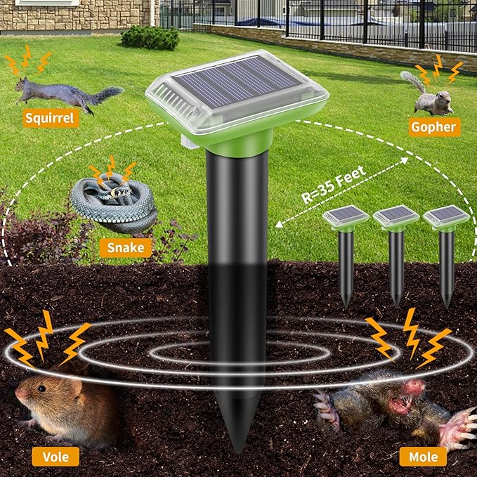 Solar Mole Repellent, Ultrasonic Gopher Repeller Outdoor, Solar Powered Waterproof Snake Repellent Deterrent Gopher Vole Snake Pest and Other Animals from Lawn Garden Yard Home(Green, 4 Packs)