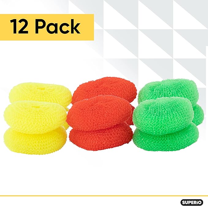 Superio Nylon Scouring Pads - Dish Scrubbers, Durable Mesh Scourers for Dishes, Pots, Stoves - 12 Pack (Assorted Colors)