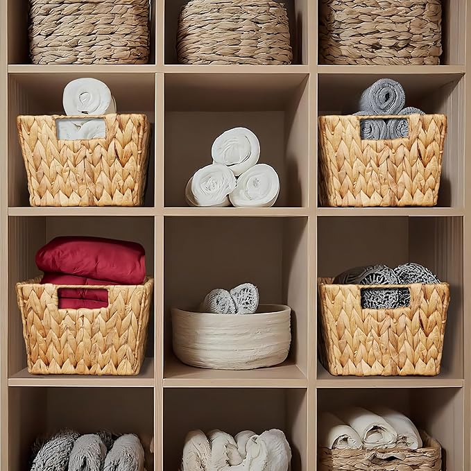 Casafield Set of 4 Water Hyacinth Storage Baskets with Handles - Natural, Woven Rectangular Storage Bins for Shelves, Blankets, Laundry Organization