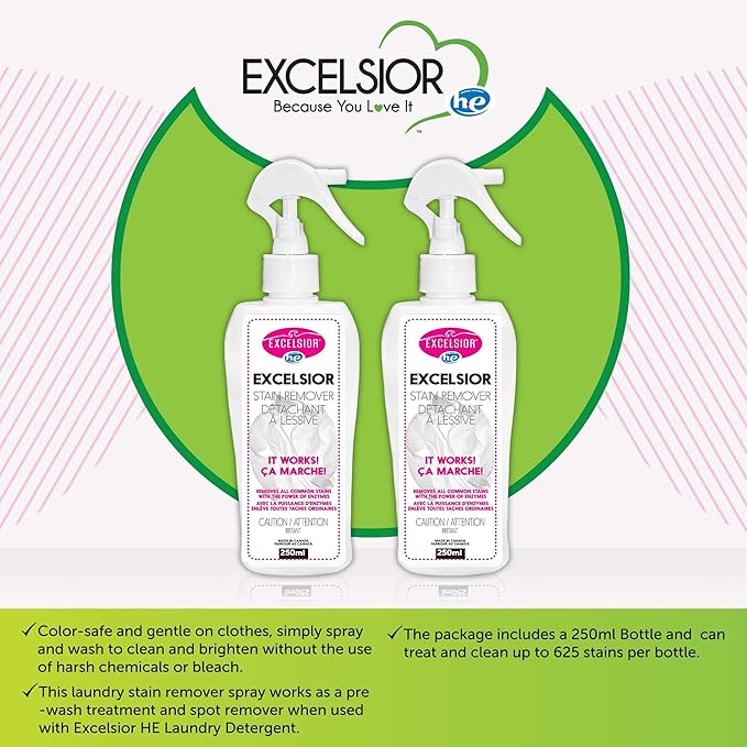 Excelsior HE Laundry Stain Remover Spray for cleaning clothes naturally with enzymes- 250 Millilitres color-safe and Eco-friendly