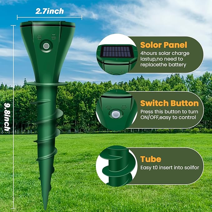 Solar Mole Repellent Ultrasonic, Vole Repeller with 3 Modes & IP65 Waterproof, Gopher & Snake Repellent for Lawn Garden Yard, 5000 SqFt Coverage for Moles Gophers Voles Snakes Groundhogs, 4 Pack