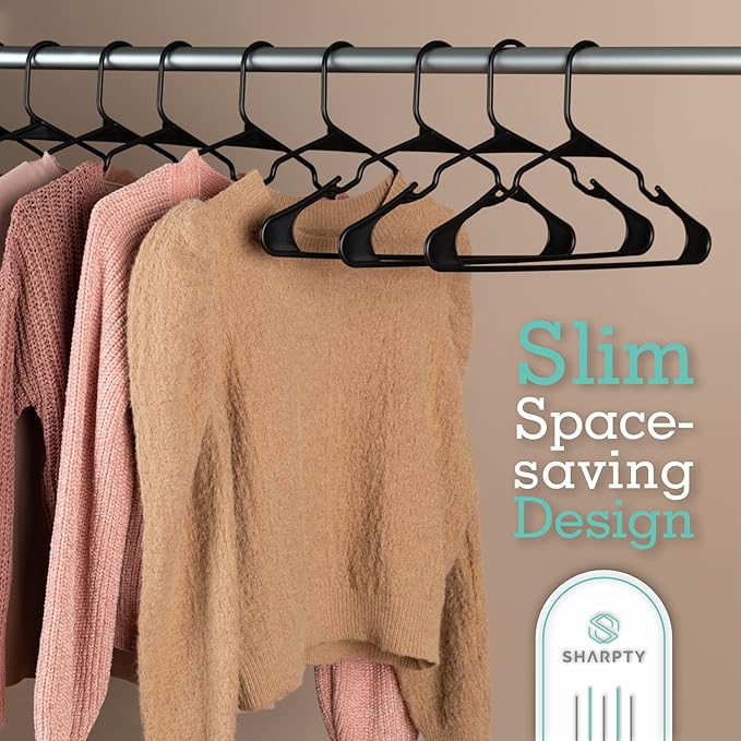 Sharpty Plastic Hangers Clothes Hangers for Clothing, Closet, Coats & Shirts - Notched, Durable & Space Saving - For Everyday Standard Use, Room Essentials & Basics - 35 Pack – Black