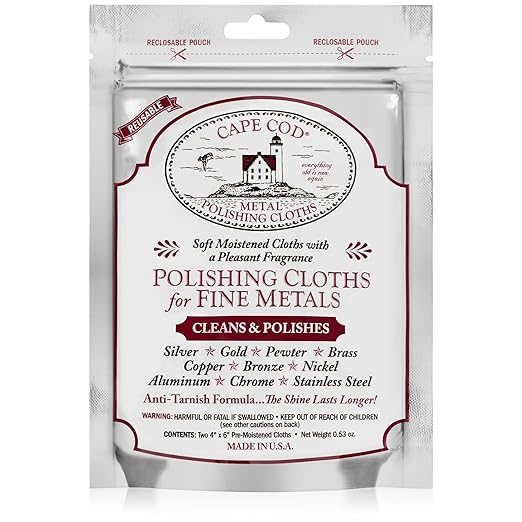Cape Cod Metal Polish Cloths, 2 x 4" x 6", Compatible with Copper, Brass, Stainless Steel, Pewter, Aluminum, Metal, Nickel