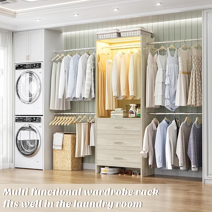 Aheaplus Closet System with Motion-Sensing Light, 3 Wooden Drawers and 4 Hanging Rods, Customizable Walk-in Closet Organizer with 3CCT LED, Heavy Duty Garment Rack for Bedroom, White Oak