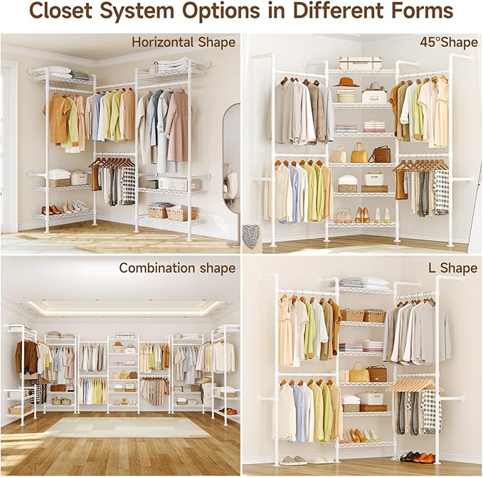 L3 Industrial Pipe Closet Organizer System, Wall Mounted Clothes Rack Clothing Racks with 4 Telescopic Rods & 6 Shelves , Heavy Duty Closet System in Wardrobe Closet (White)