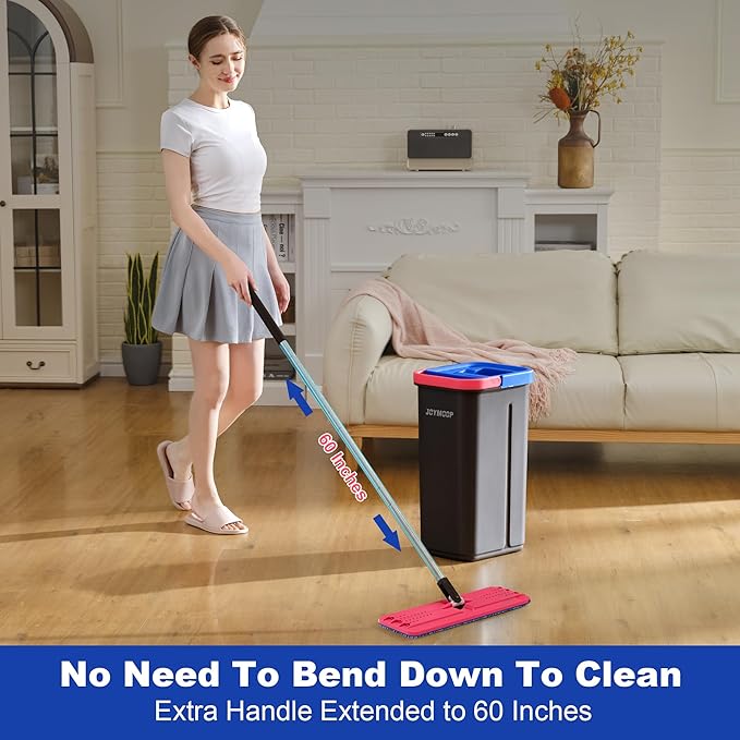 JOYMOOP Microfiber Flat Mop and Bucket System, Mops for Floor Cleaning and Wall Cleaner, Hardwood, Tile, Laminate, Vinyl Floors, Smooth Walls, and Glass Windows - 60" Flat Mop+3 Microfiber Pads[Black]