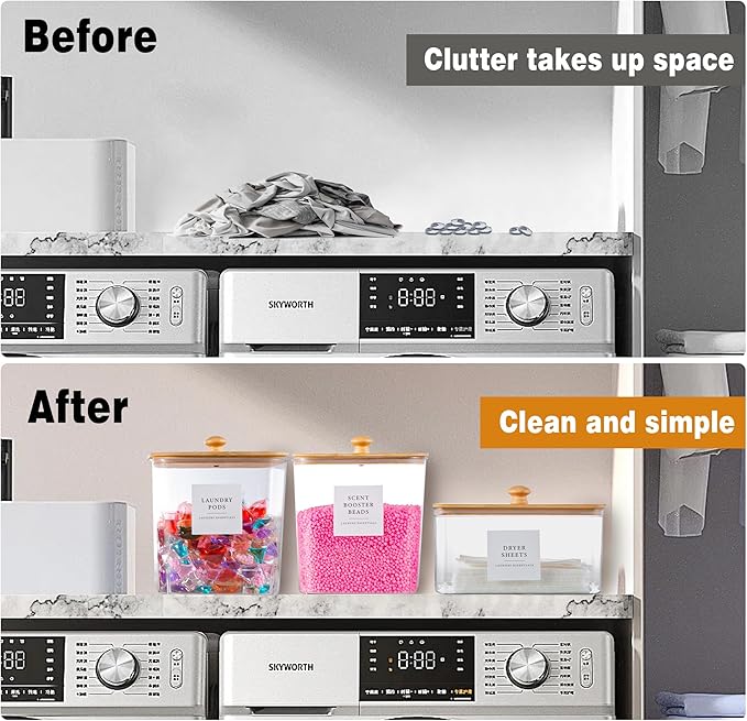 Laundry Room Organization Container, 4pcs Acrylic Laundry Pod Storage Containers, Dryer Sheet Holder Jars with Bamboo Lids and Labels for Scent Booster Powder Detergent Pods Storage