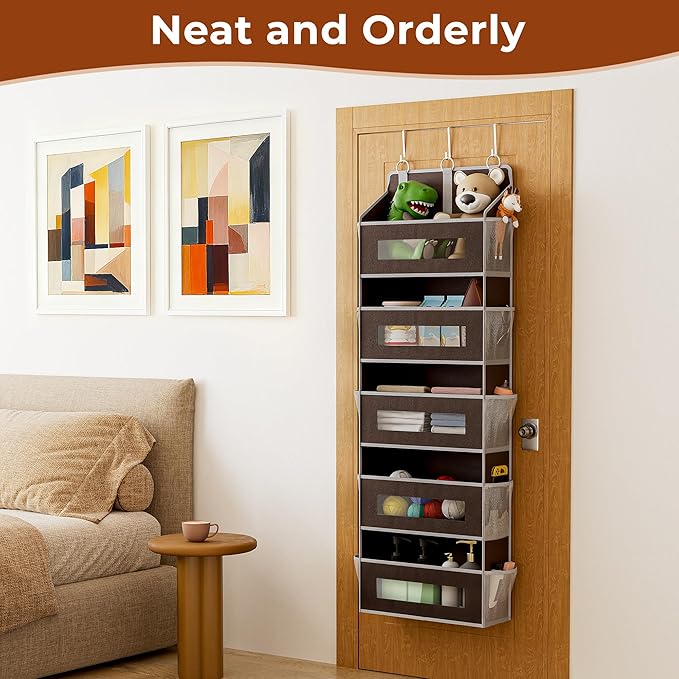 5 Tier Over The Door Organizer - Large Capacity Behind Door Hanging Shelves with 10 Mesh Pockets and Clear Windows, Closet Organizers and Storage for Bathroom, Bedroom, Nursery, 2 Pack Brown