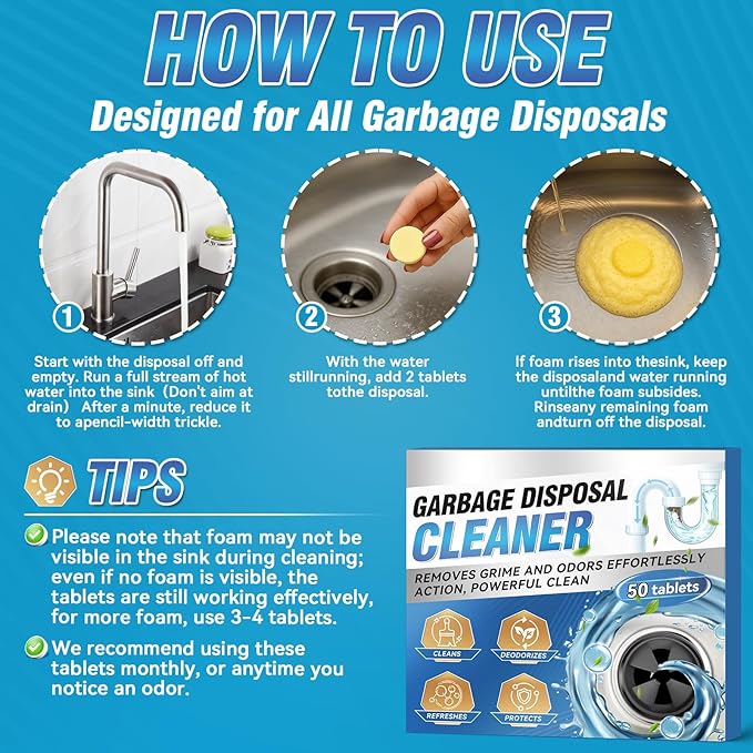 Garbage Disposal Cleaner and Deodorizer Tablets - 50 Count (1-Year Supply), Powerful Foaming Sink Cleaner, Quickly Eliminates Odors (49, Tablet)