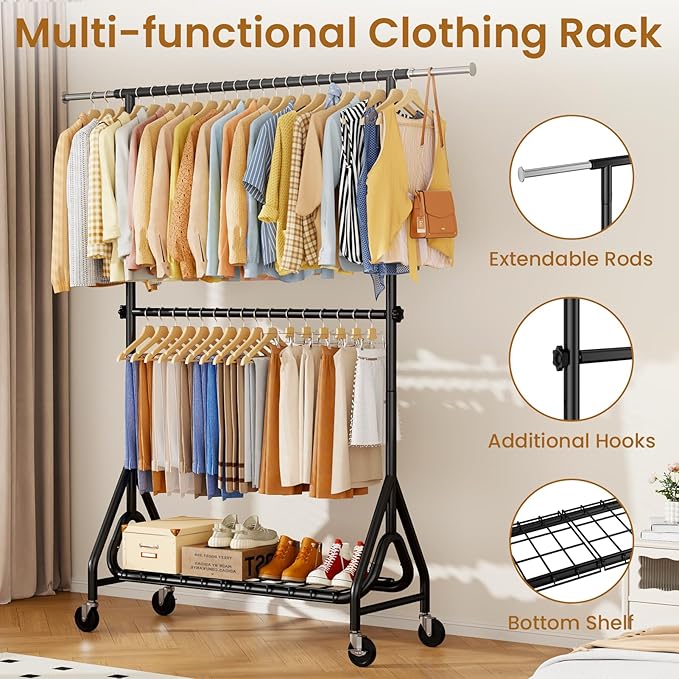 Double Rods Clothing Rack, Heavy Duty Clothes Rack for Hanging Clothes Load 560LBS, Metal Rolling Garment Racks with Wheels, Freestanding Clothes Hanging Racks, Black