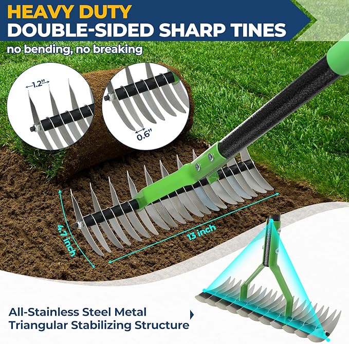Thatch Rake & Garden Rake 70" – 13" Narrow Dual-Sided Sharp Steel Tines, Adjustable Handle, Lightweight & Reversible Head for Precision Lawn Care, Debris Removal and Soil Leveling