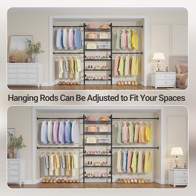 Timate S3X Expandable Wall Mounted Clothes Rack with 6 Adjustable Shelves & 4 Expandable Hanger Rods, Heavy Duty Industrial Pipe Clothing Rack for Hanging Clothes, Fits Spaces 5'11"- 8'10", Black