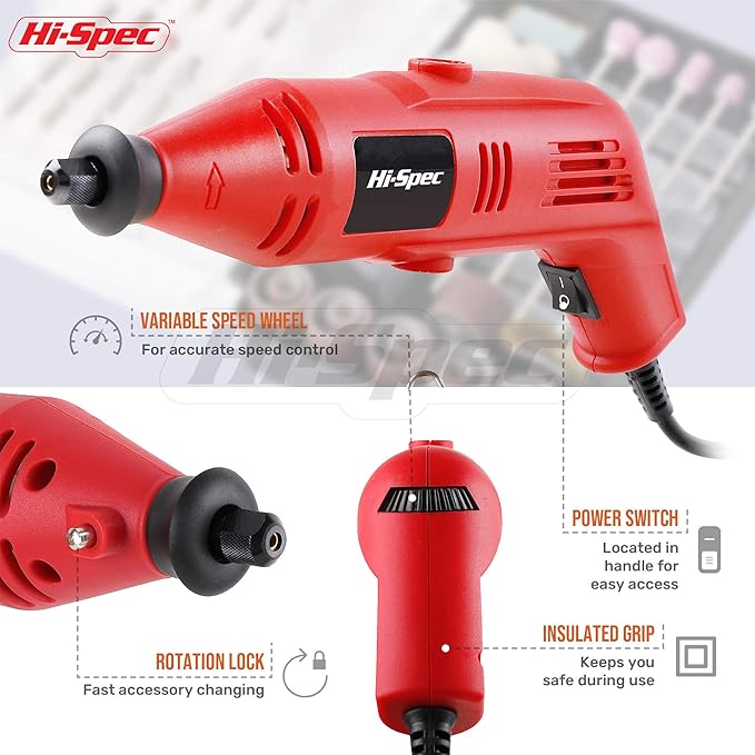 Hi-Spec 121pc 130W Corded Power Rotary Multi Tool Kit with Dremel Compatible Bit Accessories to Drill, Cut, Trim, Grind & Sand for DIY Repairs, Hobbies & Craft Projects
