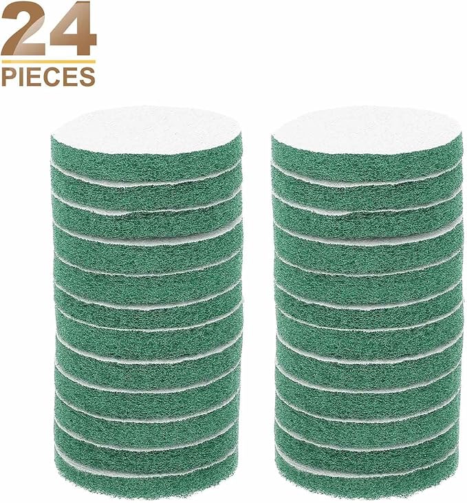 HARFINGTON 24pcs Scrubber Scouring Pads 180 Grits 3 Inch Drill Power Brush Hoop and Loop Surface Conditioning Disc Drill Scuffing Disc Scrub Pads for Home Kitchen Cleaning, Green