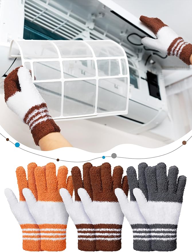 Patelai 3 Pairs Microfiber Plant Dusting Gloves Leaf Cleaning Gloves for Indoor Plants, Blinds, Furniture, House (Gray,Orange,Brown,Large)