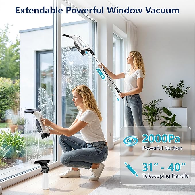 Window Vacuum Squeegee with Extendable Pole 31-40", 2000Pa Electric Window Cleaning Tool with 2200mAh and 150ml Dirty Water Tank, Long Handle Squeegee for Shower Glass, Window Cleaning (White)