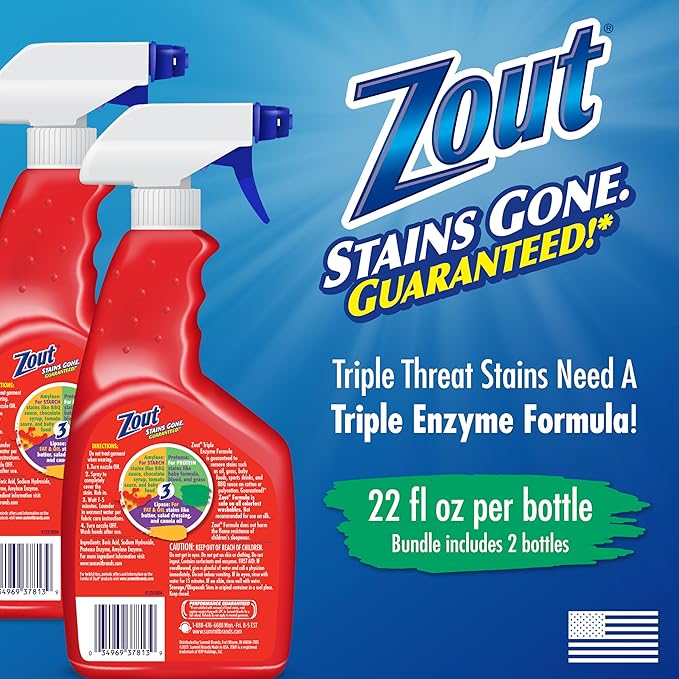 Zout Laundry Stain Remover Spray, Triple Enzyme Formula, 22 Ounce Bottles, 2-Pack
