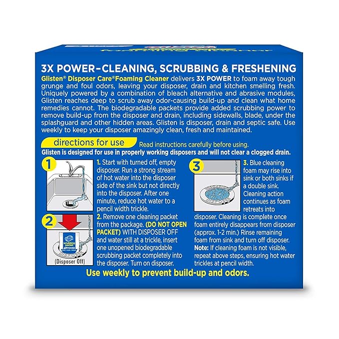 Glisten Garbage Disposal Cleaner and Odor Eliminator with Foaming Action, Removes Buildup and Cleans, Lemon Scent, 4 Uses