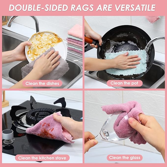 Rachan 22 Pack Kitchen Dish Cloths, Reusable Dish Towels, Nonstick Oil Washable Fast Drying, Super Absorbent Coral Velvet Cleaning Cloths for Cleaning Tableware, Kitchen, Bathroom (Pink-grey-10 x 6")