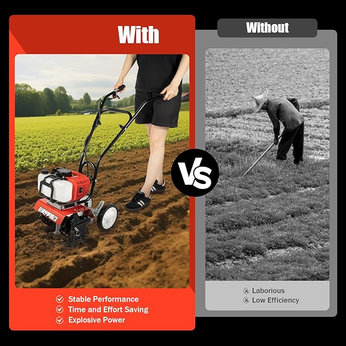 Garden Tiller Cultivator,2-Stroke 52CC Gas Powered Engine Rototiller Garden Tool with Widened Mud Flap Cordless with Long Handle Strong Power Garden Cultivator for Plowing Turning Soil Ditching
