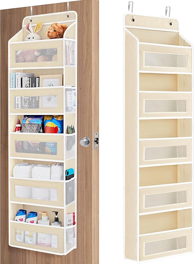 JARLINK Over The Door Organizer Storage, 5 Shelf Hanging Door Organizer with 5 Large Capacity Pockets, Anti Tilt 44 lb Load Behind Door Storage for Bedroom, Bathroom, Pantry, Nursery, (Beige)