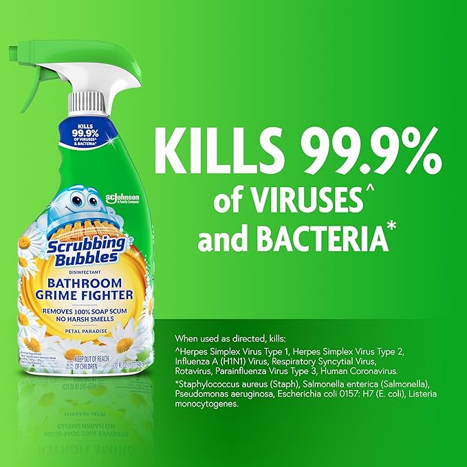 Scrubbing Bubbles Bathroom and Shower Cleaner Disinfectant Spray, Foaming Action Bathroom Grime Fighter, Petal Paradise Scent, 32oz