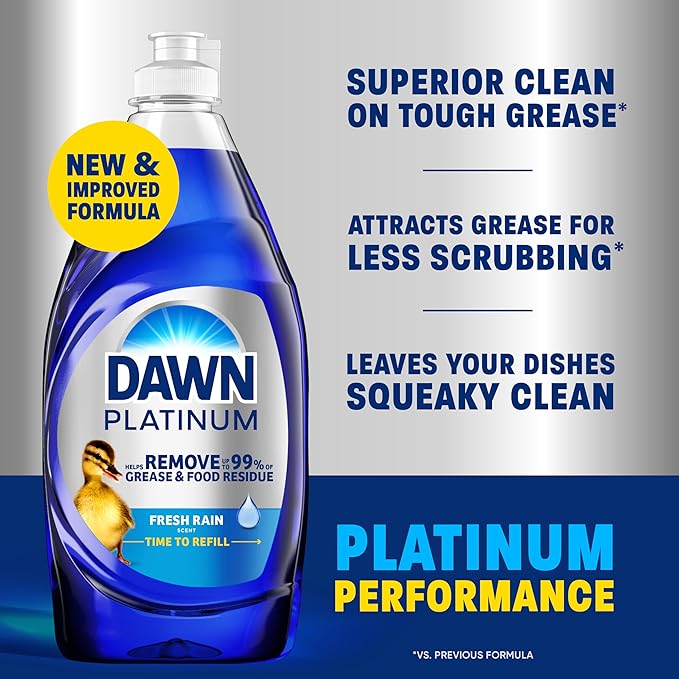 Dawn Platinum Dish Soap Fresh Rain Scent Liquid Dishwashing Detergent, Powerful Dawn Dish Soap for Tough Grease Removal, 30 oz