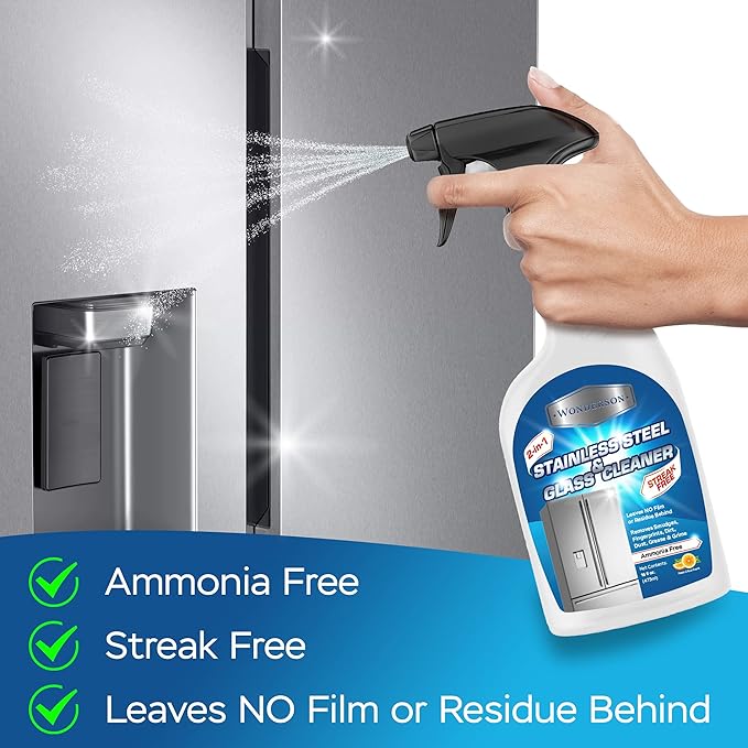 Wonderson 2-In-1 Stainless Steel & Glass Cleaner 16 Ounces - For Use On Appliances, Countertops, Sinks, Stovetops, Dishwashers, Windows, Bathrooms, Cars, & More!