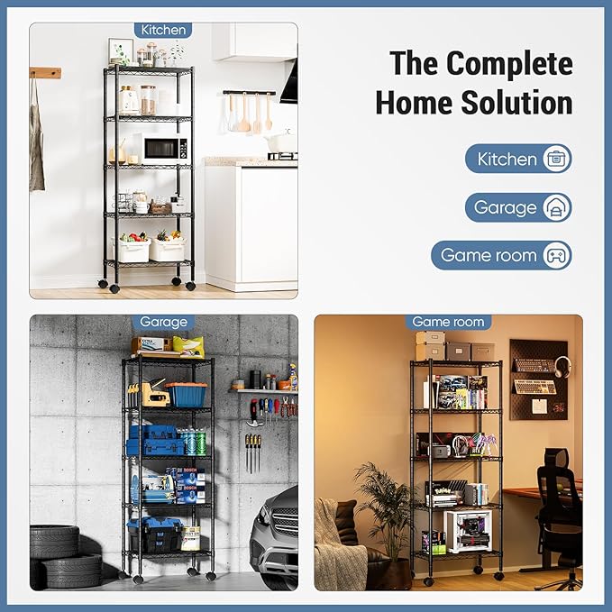 DUMOS Industrial 5 Level Grid Storage Rack ，Mobile Metallic Shelving System with Lockable Wheels， Multi-Purpose Cabinet for Workshop, Culinary Space, Storeroom, Washroom & Restroom Black