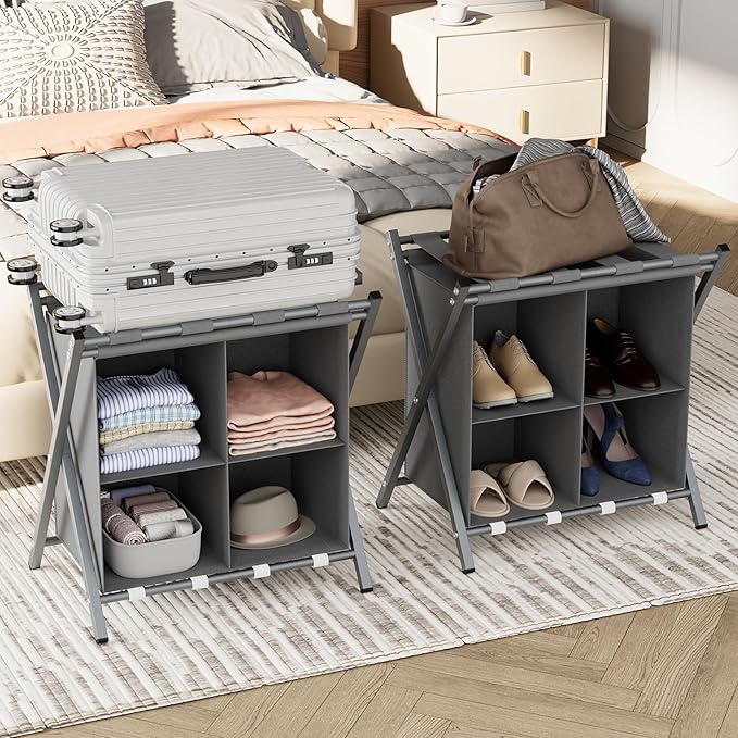 aboxoo 2 Pack Luggage Rack with storage, Guest Room Folding Suitcase Stands, Holds up to 120 lb, Space Saving Suitcase Holders for guest room, Bedroom Hotel, Grey