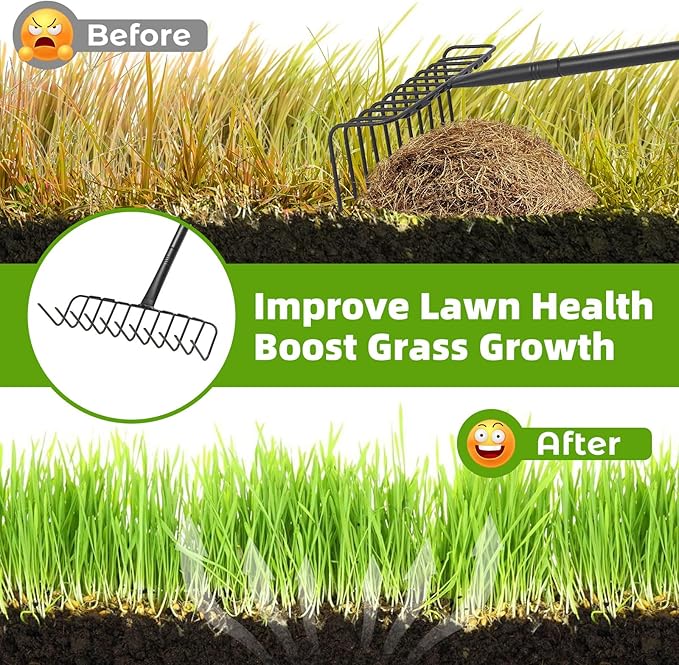 Garden Rake, Heavy Duty Rake with 11 Tines, 51 Inch Handle, 16 Inch Wide, Metal Garden Thatch Leaf Rakes for Raking Gathering Mulch,Metal Thatch Rakes for Lawn Yard Bushes Pine Needles Leaves Grass